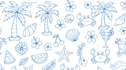 Whimsical hand drawn tropical beach vacation doodles featuring palm trees cocktails and marine life in blue ink