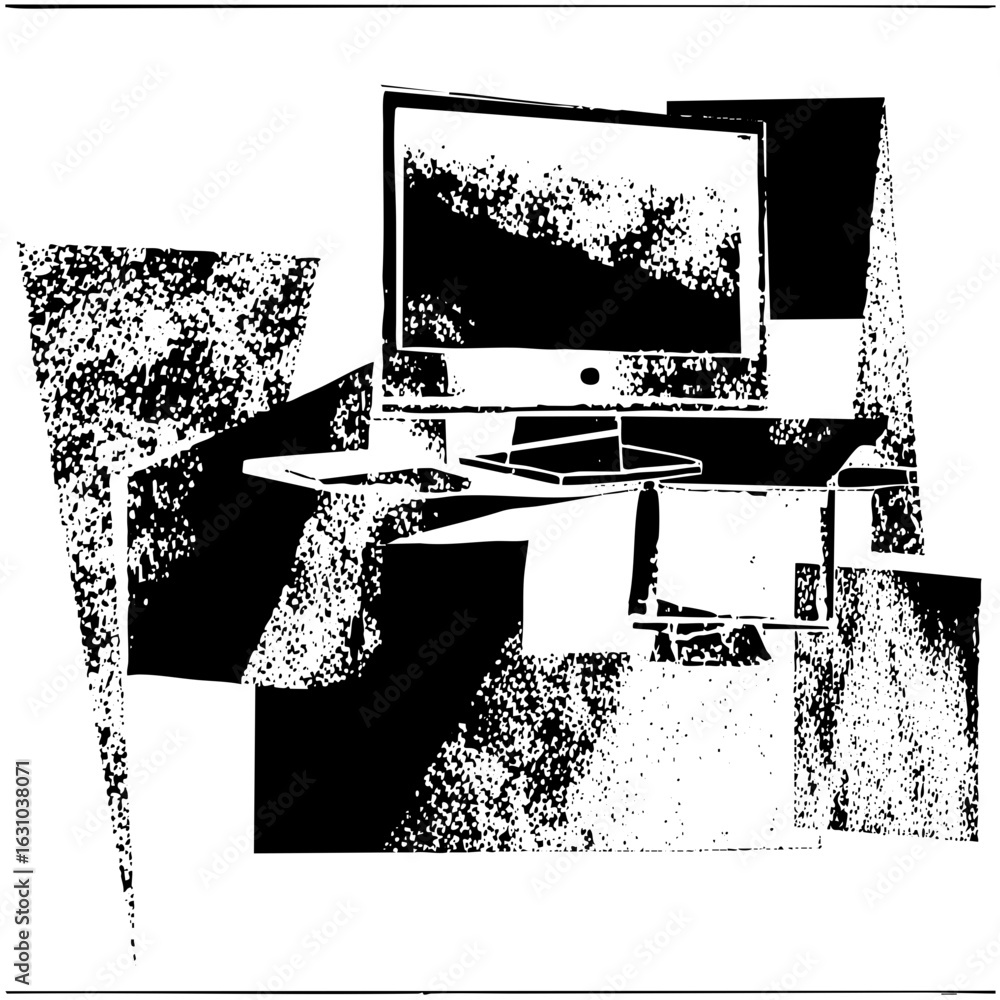 Poster vector modern workspace featuring a computer tablet and accessories.