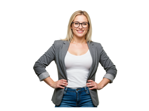 Confident young businesswoman with blonde hair and glasses wearing a grey blazer and blue jeans isolated on transparent background