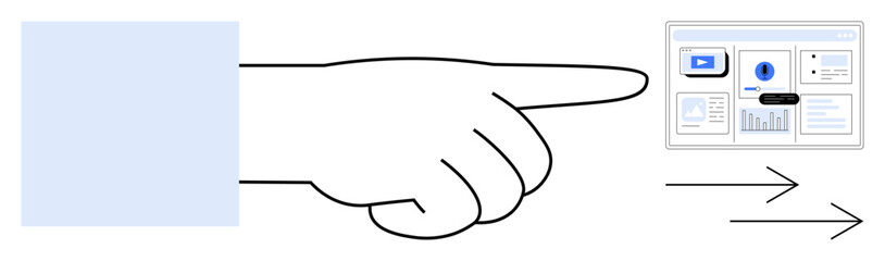 Hand pointing to a digital dashboard with graphs and widgets, emphasized by forward-moving arrows. Ideal for navigation, user interface, guidance, action, prioritization, technology or focus. Simple