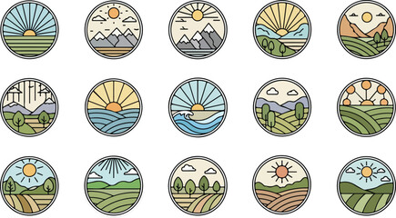 Collection of oval shaped landscape illustrations featuring mountains forests oceans and sunny skies