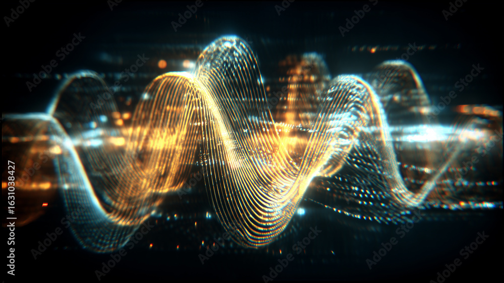 Poster shimmering golden energy waves twist through a dark digital matrix. conveys high speed data signals 