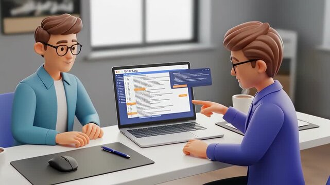 3d illustration of two cartoon business people are collaborating on a project, pointing at a laptop screen with data charts in a modern office setting, showcasing teamwork and technology