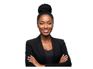 Confident african american businesswoman with arms crossed smiling warmly isolated on transparent background