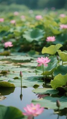 Blooming pink lotus flowers amidst lush green leaves on a serene pond