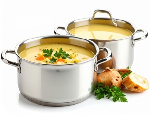 Two stainless steel soup pots filled with creamy vegetable soup served with garlic and fresh herbs on a white background