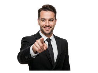Confident businessman in a suit pointing directly at the viewer with a friendly smile isolated on transparent background