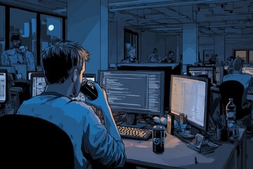 A late night scene in a coworking office with only a few people left A developer is debugging code while sipping an energy drink The mood is quiet and focused, Generative AI