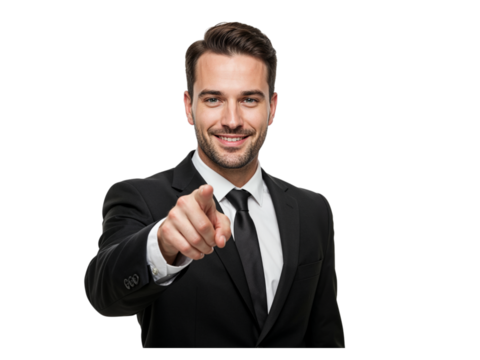 Confident businessman in a suit pointing directly at the viewer with a friendly smile isolated on transparent background