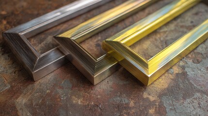 Three picture frames, gray, gold, and bronze, stacked on a rustic workbench
