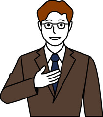 メガネ、茶色のスーツ、お任せくださいと胸に手を当てる男性