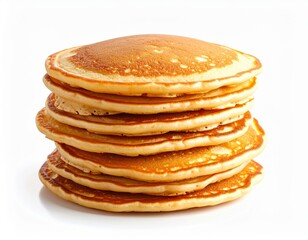Stack of seven fluffy golden-brown pancakes with a slightly crispy edge arranged in a tall tower on a clean white background, perfect for breakfast or brunch