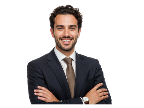 Smiling confident businessman in a dark suit and tie with arms crossed isolated on transparent background