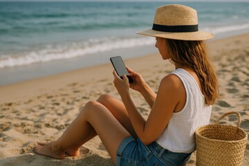 Woman relaxing beachside texting.