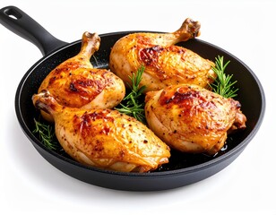 Four golden roasted chicken drumsticks with crispy skin and fresh green herbs in a black skillet on a white background, ready to serve and enjoy