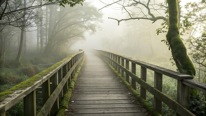 Foggy forest boardwalk bridge with soft natural light