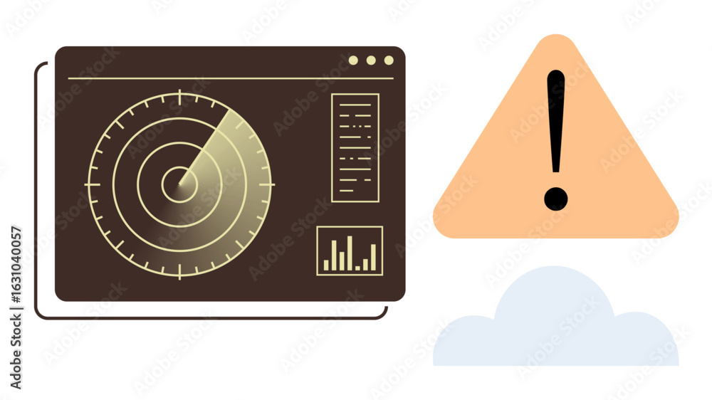 Poster radar display scanning for activity, triangular alert sign, and cloud element. ideal for technology,