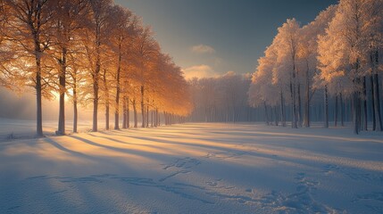 Obraz premium Winter sunrise path through snowy woods