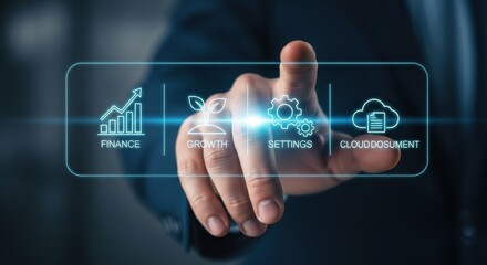 Fototapeta premium Businessman's Finger Interacting with Futuristic Digital Interface Displaying Finance, Growth, Settings, and Cloud Document Icons