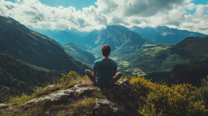 Naklejka premium Man meditating on mountain top with scenic view, finding peace and mindfulness in nature.
