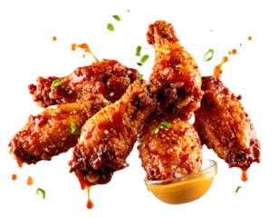 Introducing Spicy Chicken Wings with Dipping Sauce in Mid-Air on White background