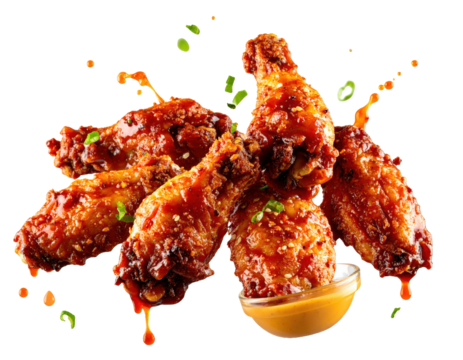 Introducing Spicy Chicken Wings with Dipping Sauce in Mid-Air on White background