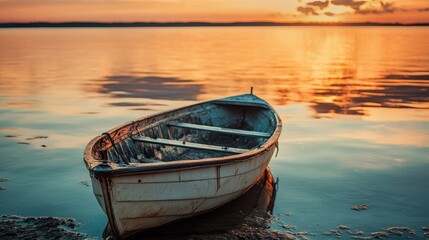 Obraz premium A small wooden rowboat on the edge of a lake at sunset