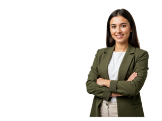 Confident young businesswoman with arms crossed wearing a green blazer isolated on transparent background