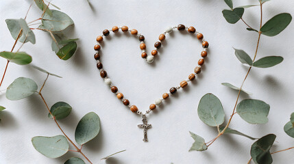 Rosary beads arranged in heart shape with cross symbolizing love, prayer and devotion
