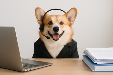 Funny Corgi Office Worker in Headset Using Computer