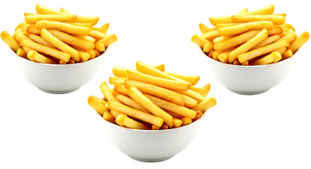 Golden potato fries in white bowls isolated on a transparent background french fries fried