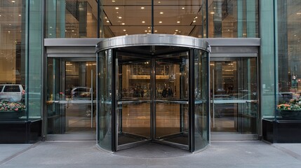 Modern revolving doors at a city building entrance.