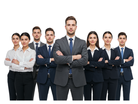 Confident diverse business team standing together with arms crossed in professional attire isolated on transparent background