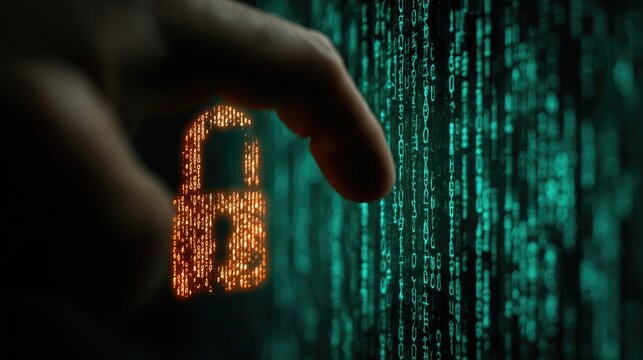 Hand points to a glowing padlock on a screen of binary code