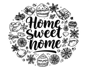 Hand drawn circular illustration of home sweet home with festive treats