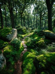 Fototapeta premium Moss-covered path through a sun-drenched forest