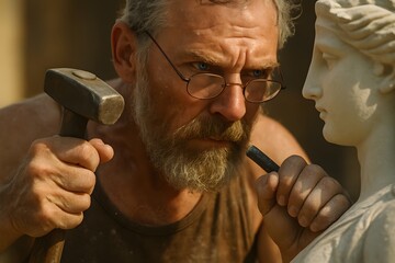 Male Sculptor Focused on Crafting Stone Statue - Artistic Masterpiece Creation in Artisan Workshop