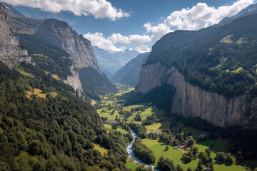 Naklejka premium experience breathtaking beauty of swiss alps during summer featuring lush green valleys towering peaks and dazzling