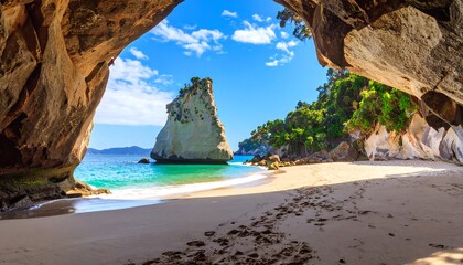 Fototapeta premium Coastal cave with sandy beach and rock formations