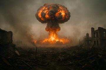 Nuclear Explosion Apocalypse Scene with Mushroom Cloud and Devastation