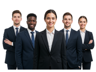 Diverse group of five smiling business professionals in formal attire standing together isolated on transparent background