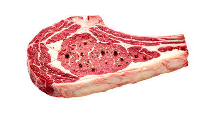 Prime beef rib steak seasoned with peppercorns isolated on a transparent background uncooked