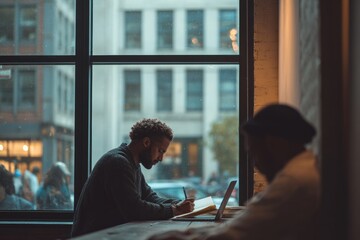 A quiet coworking corner with one person working by a window and another writing in a notebook Both are focused on their own tasks but nod in silent support, Generative AI