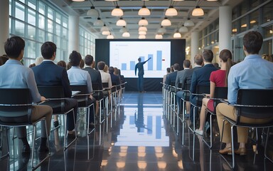 Business Presentation Audience Watching Speaker Pointing at Growth Chart on Large Screen