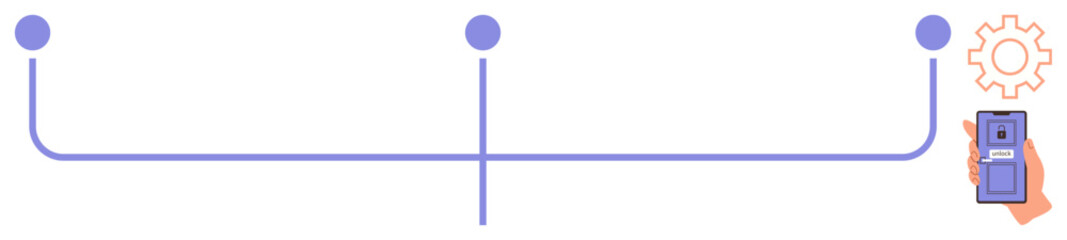 Horizontal timeline with three points, a gear for process automation, and a hand holding a device. Ideal for workflow, project management, productivity, goals, efficiency, strategy simple flat