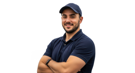 Man in blue polo shirt and baseball cap smiling arms crossed isolated on transparent background