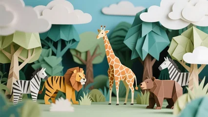 Fotobehang Boerderij Cute cartoon tiger and giraffe with other wild animals in a colorful jungle safari scene  © he