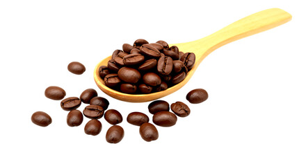Obraz premium Roasted coffee beans in a wooden spoon isolated on a transparent background brown black background