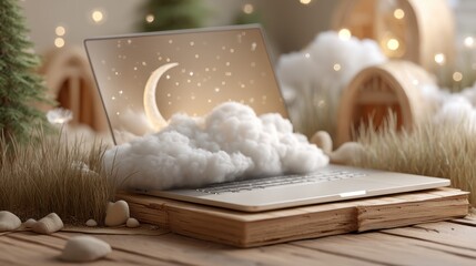 Magical realism scene shows laptop displaying moon and stars, led among clouds and whical houses, achieving a 3-giixel standard with vivid detail.