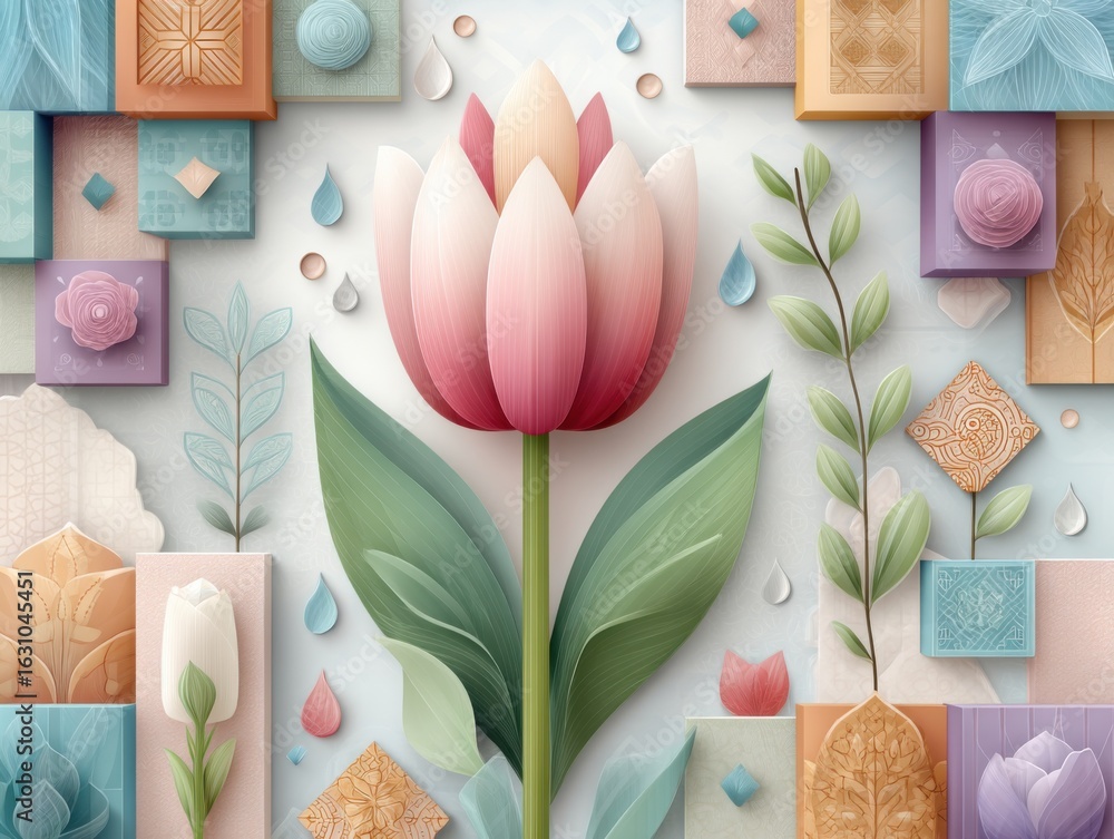 Poster a modern abstract view centered on a tulip amidst geometric shapes and pastel colors with a 3-giixel